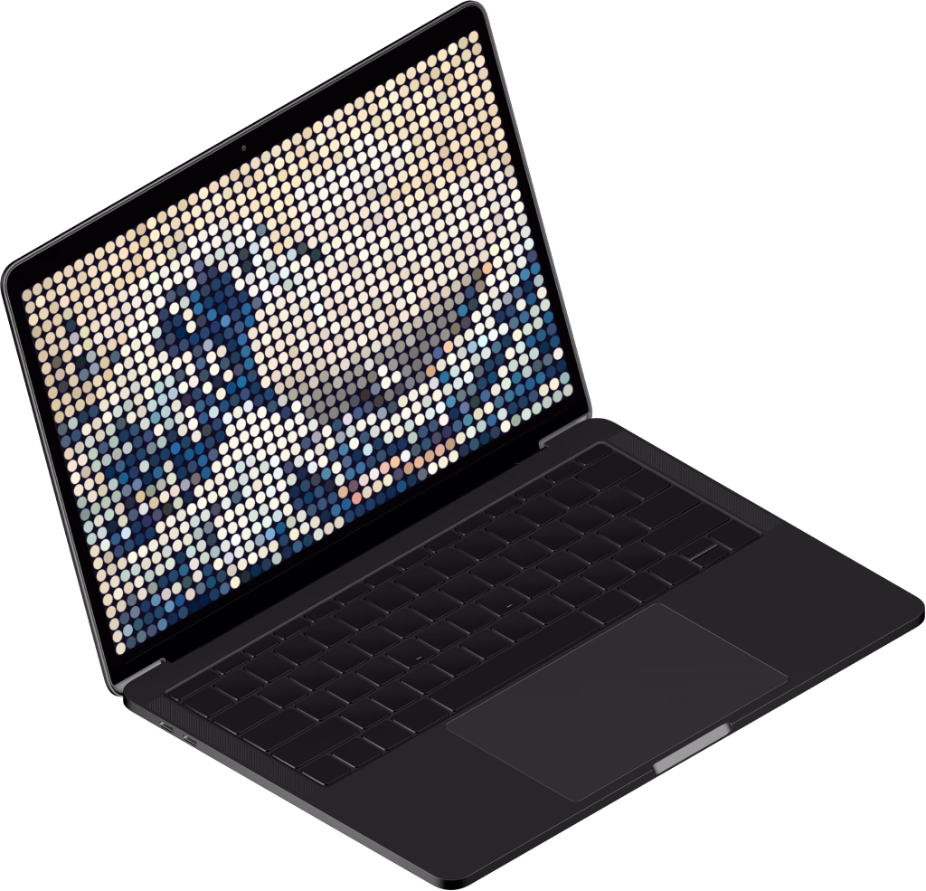 Laptop showing various colored circles in the style of japanese art