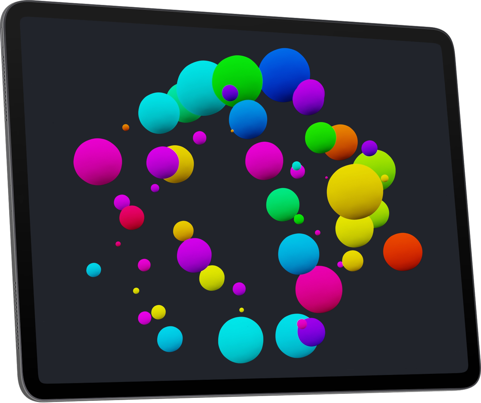 Tablet showing digital transformation as random colored balls floating around
